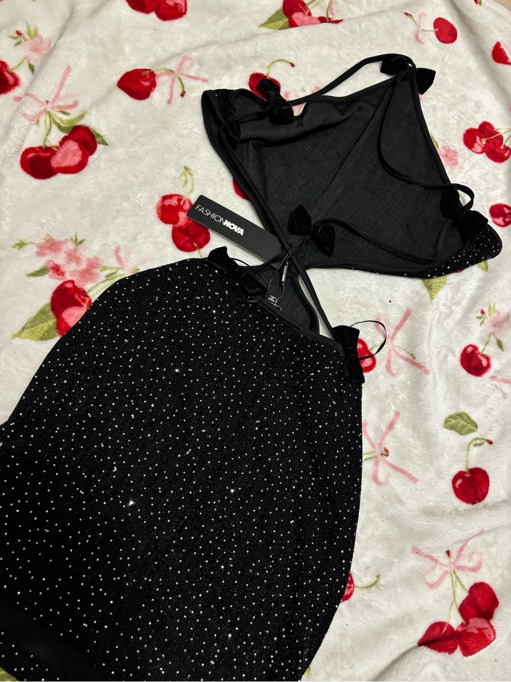 Fashion Nova Black Sparkle Halter Chemise with Rhinestones